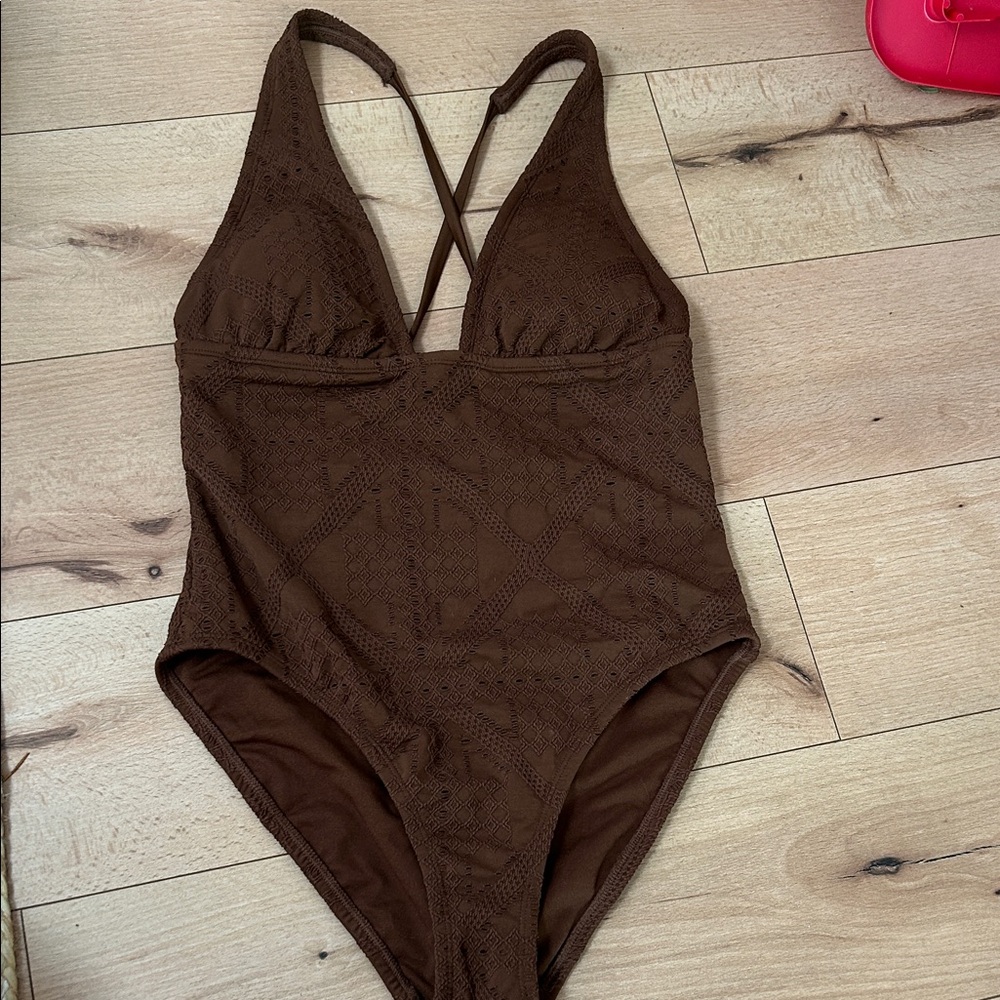 Shade & Shore Brown Crochet One-Piece Swimsuit